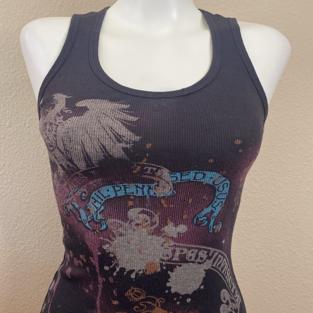 Helium black brown eagle goth graphic cotton ribbed tank top M